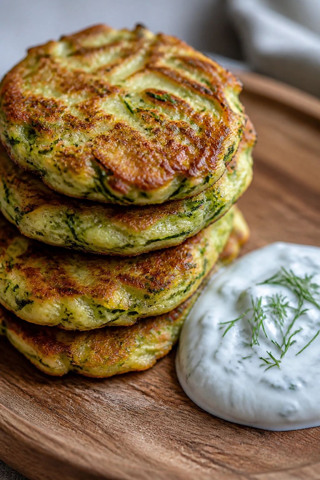 Crispy zucchini fritters with dill yogurt on a wooden board