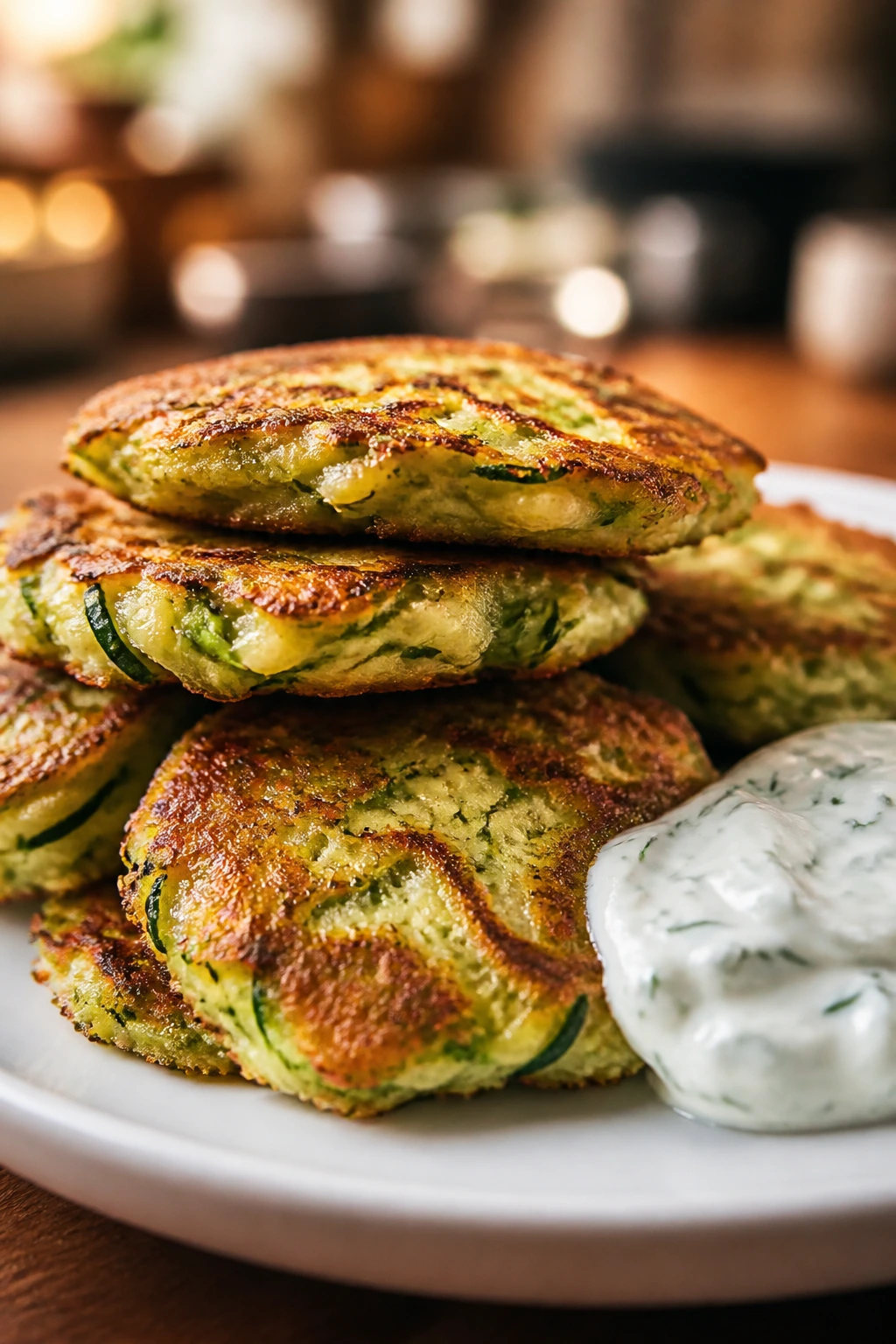 Golden zucchini fritters with dill yogurt on a plate