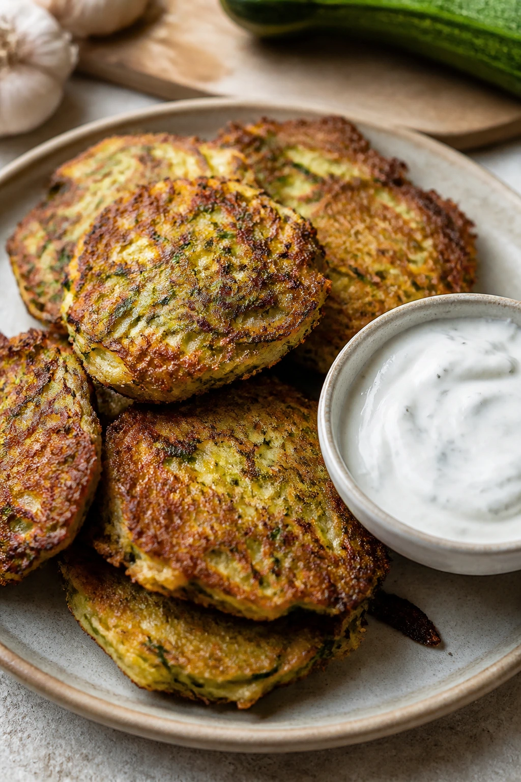 Stacked zucchini fritters with garlic yogurt dip