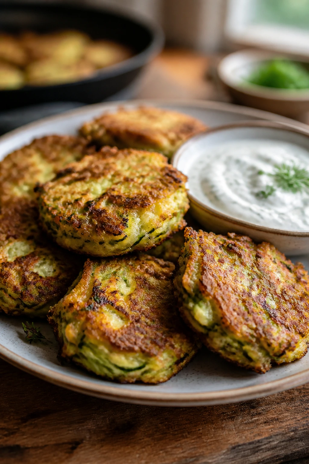 Close-up of crispy zucchini fritters with garlic yogurt on a rustic plate in a warm kitchen