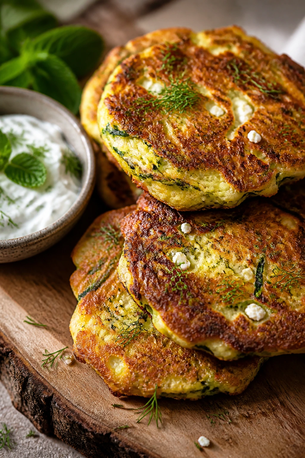 Close-up of zucchini fritters with mint yogurt dip