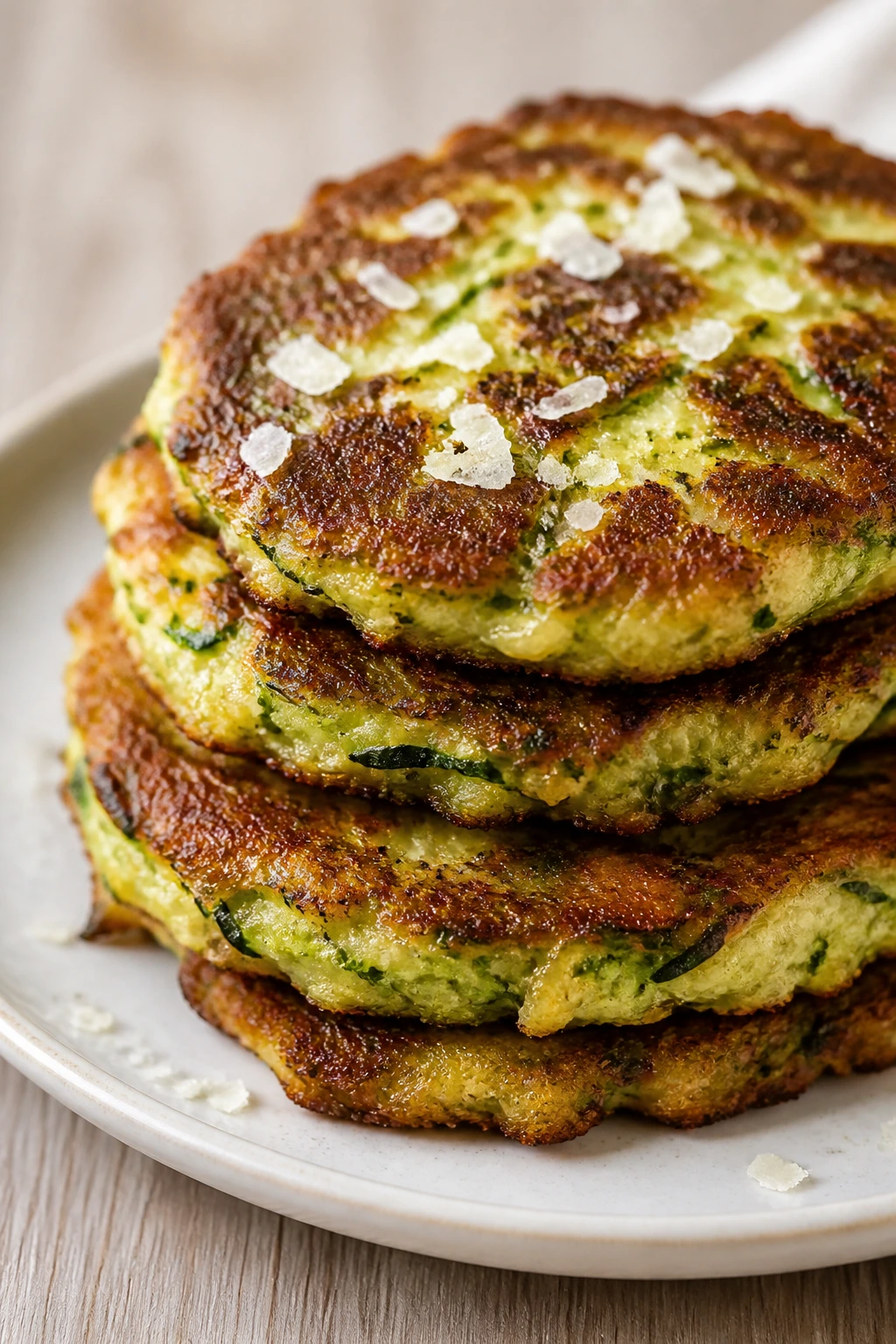 Crisp zucchini parmesan fritters stacked on a plate