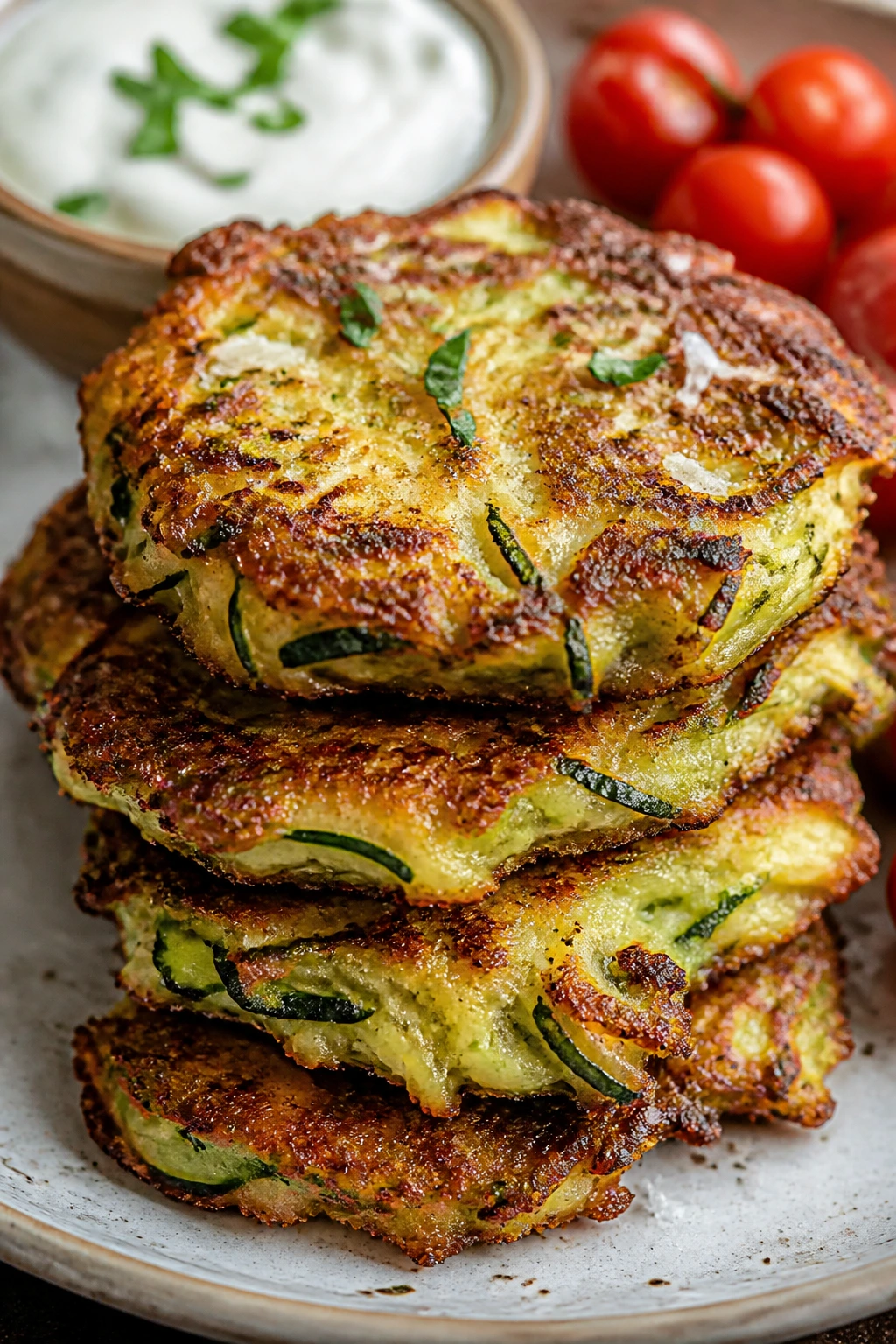 Stack of crispy zucchini fritters with parmesan on a plate