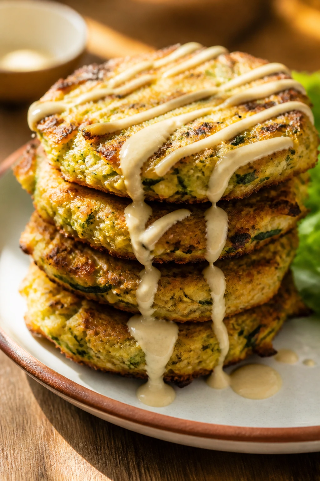 Close-up of zucchini chickpea fritters with tahini drizzle