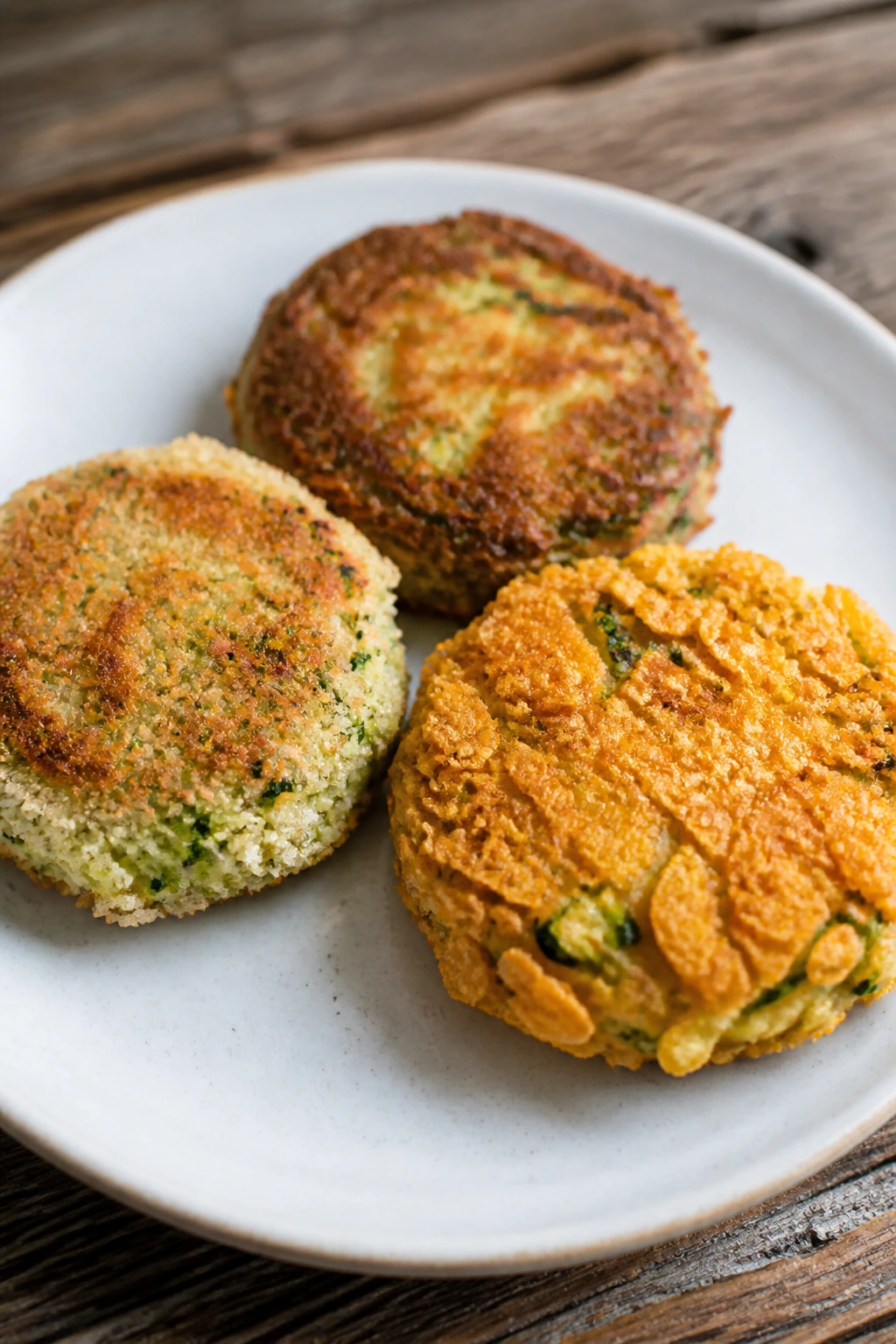Plate of zucchini fritters with different crusts showing variation in texture
