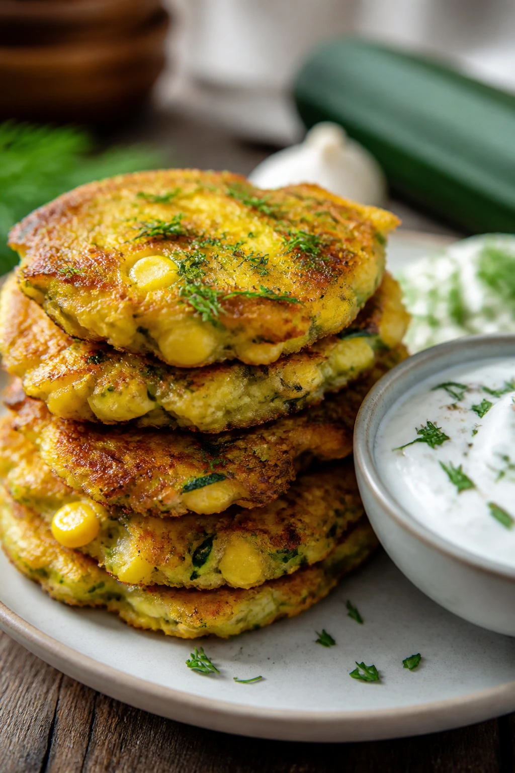 Close-up of zucchini corn fritters with yogurt dip