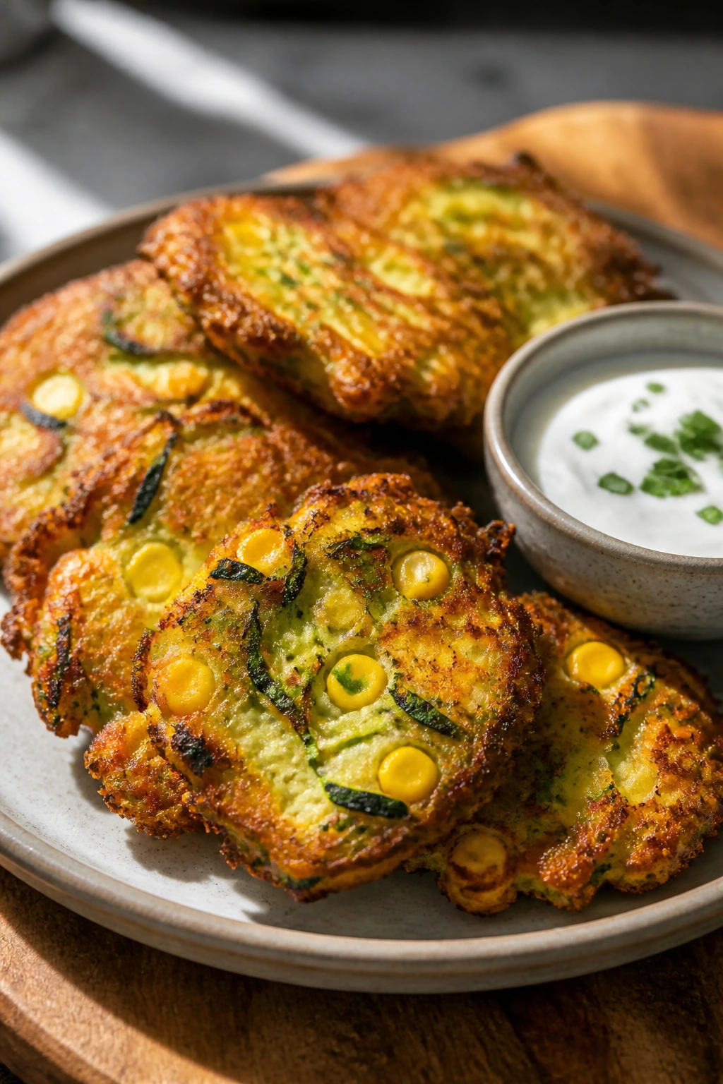 Golden zucchini corn fritters with yogurt dip on a rustic plate
