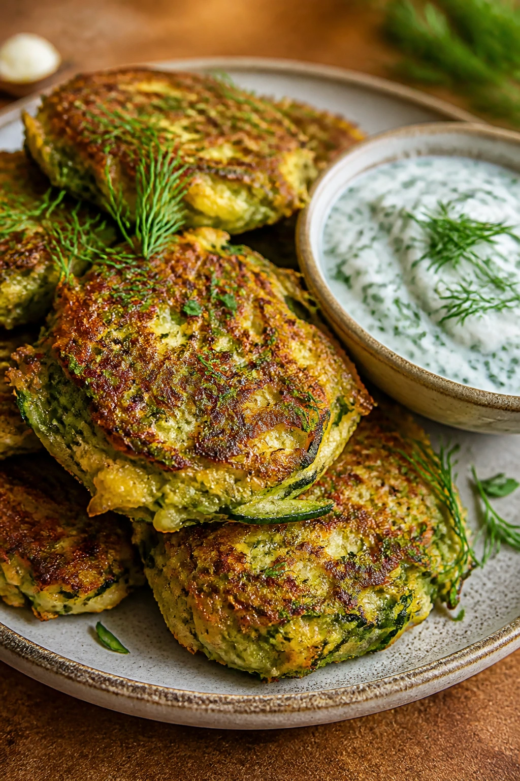 Golden zucchini fritters with herbed yogurt on a plate