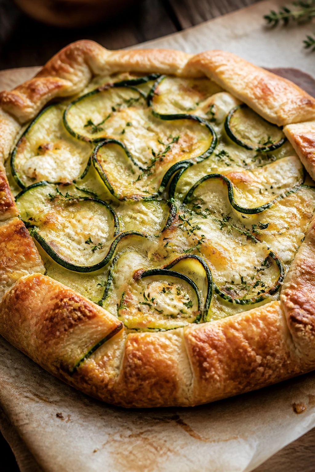 Rustic zucchini galette with Gruyère and thyme on parchment