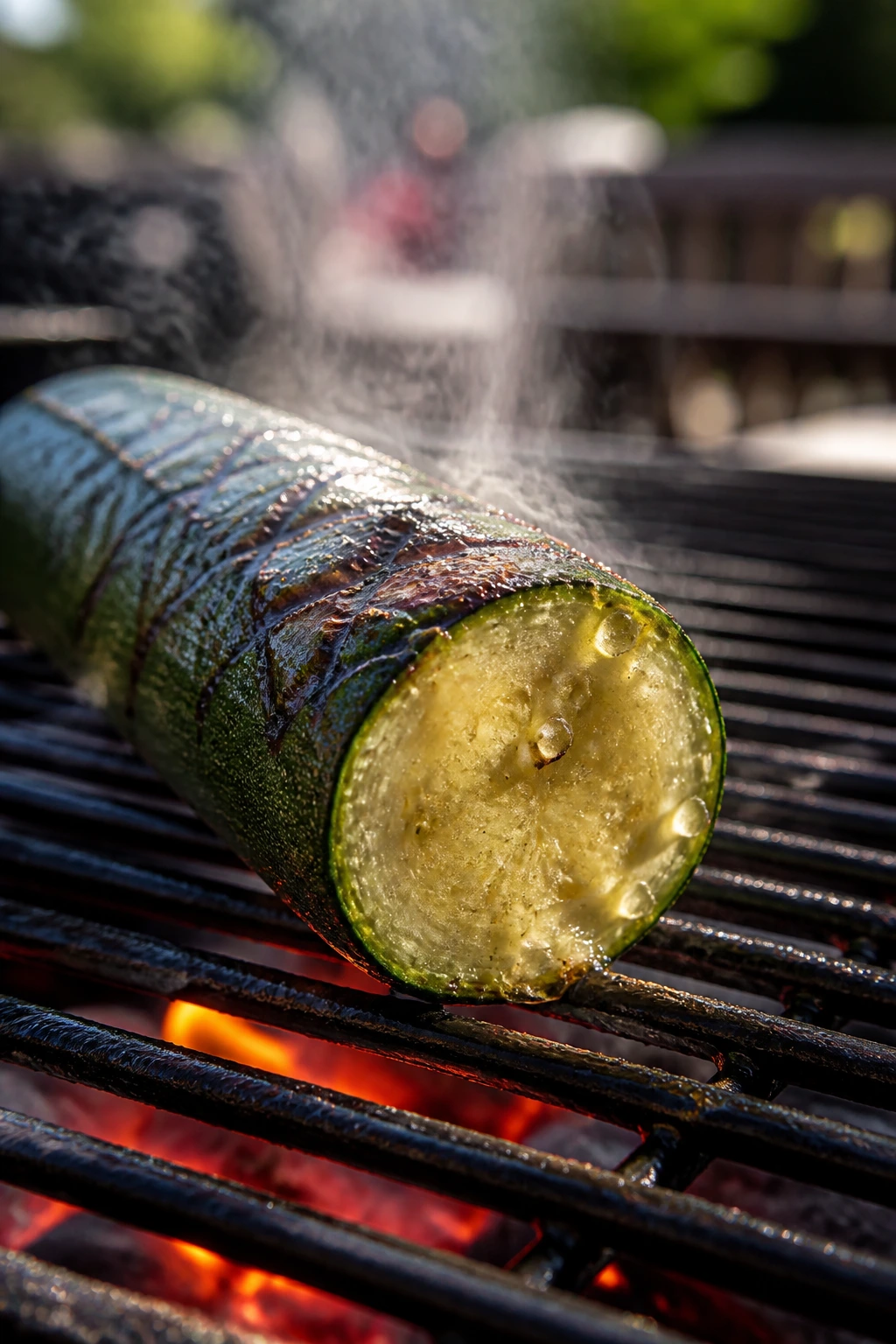 Close-up of zucchini on a hot grill showing steam and moisture on the cut face