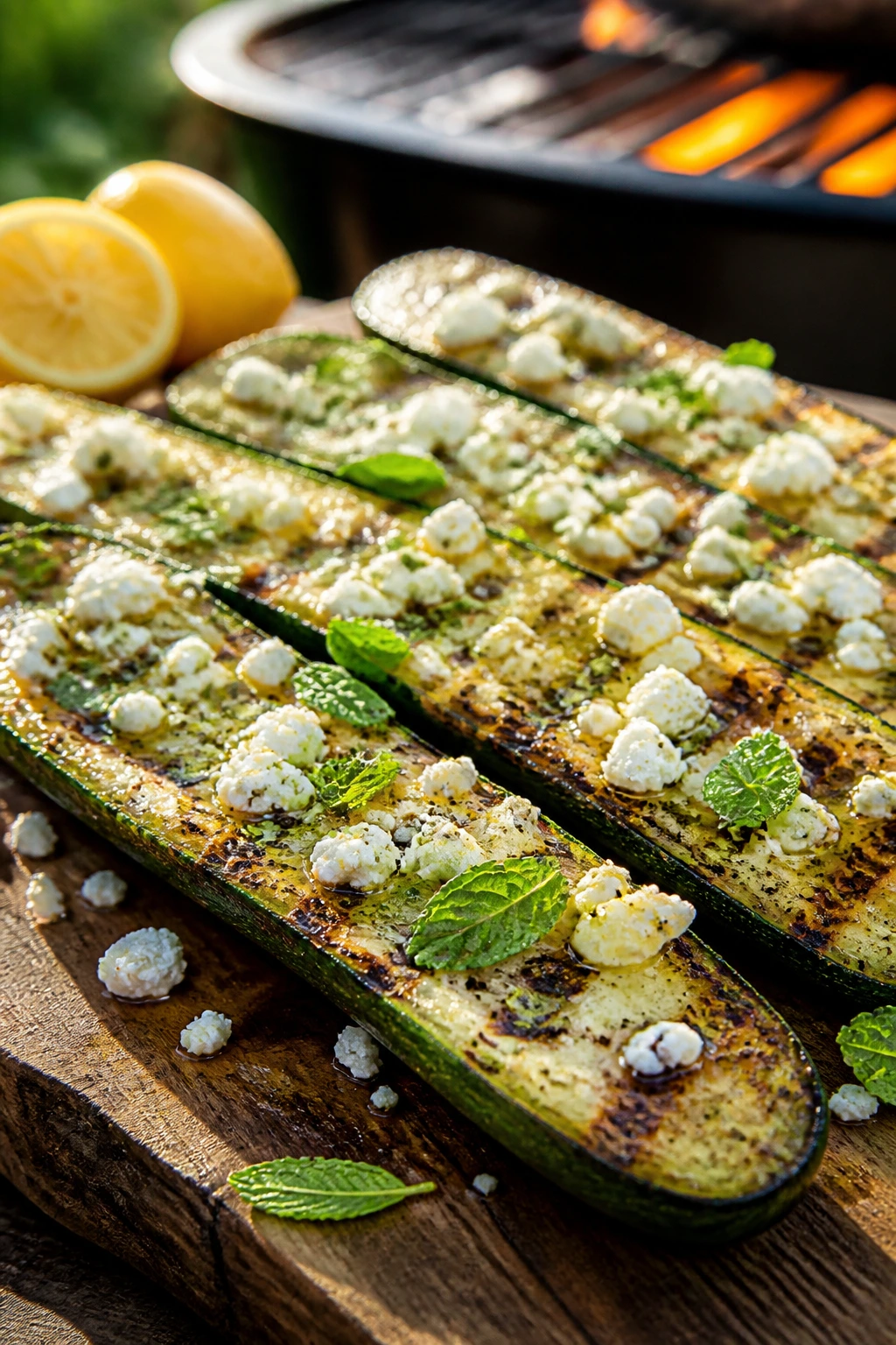 Close-up of lemon-feta grilled zucchini planks on a wooden board