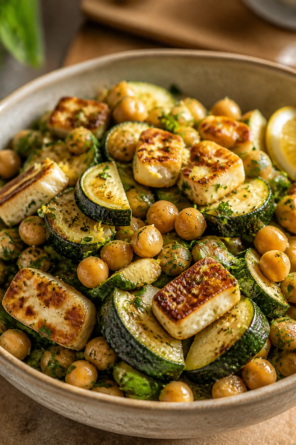 Warm zucchini halloumi chickpea salad in a bowl