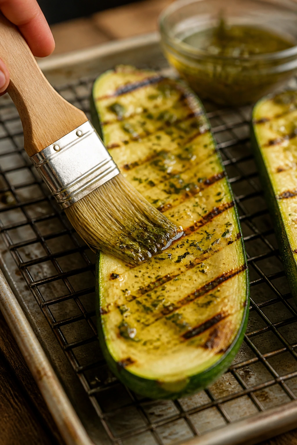 Zucchini being brushed with herb oil over a rack and sheet pan