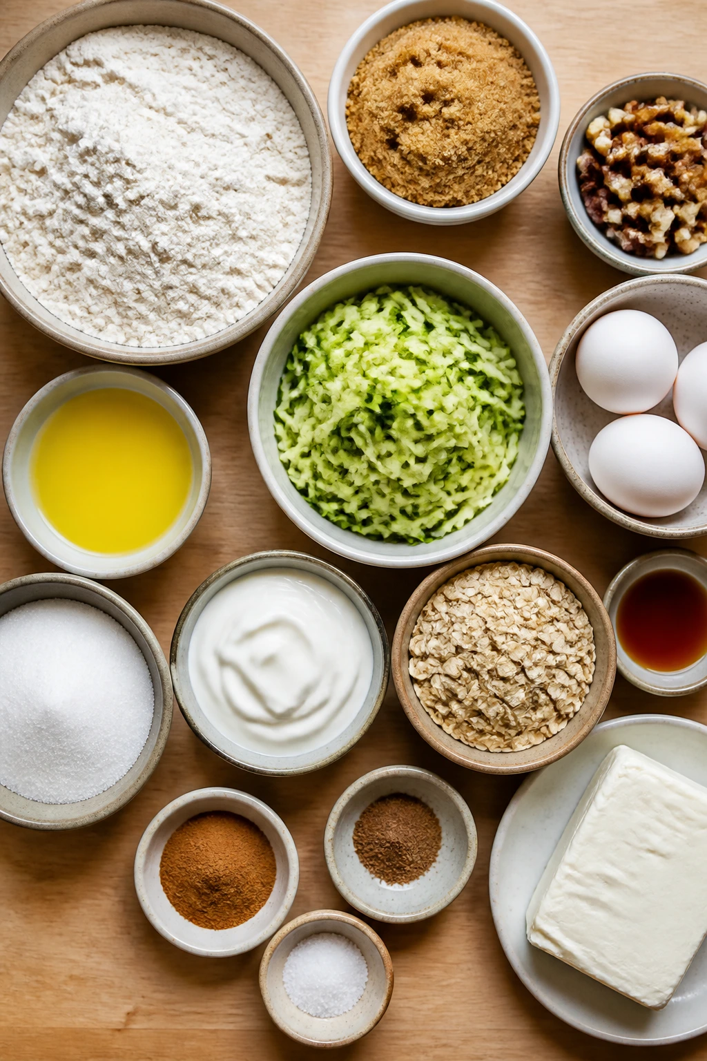 Top-down arrangement of zucchini bar ingredients on a wooden surface