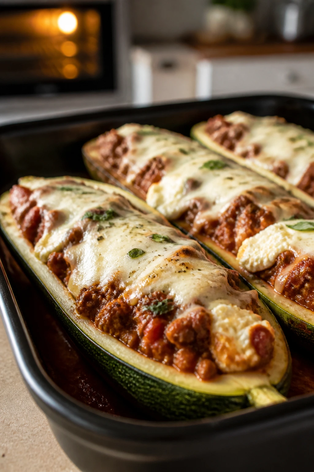 Close-up of Zucchini Lasagna Boats with Lean Beef showing stuffed zucchini halves with beef, ricotta, and mozzarella