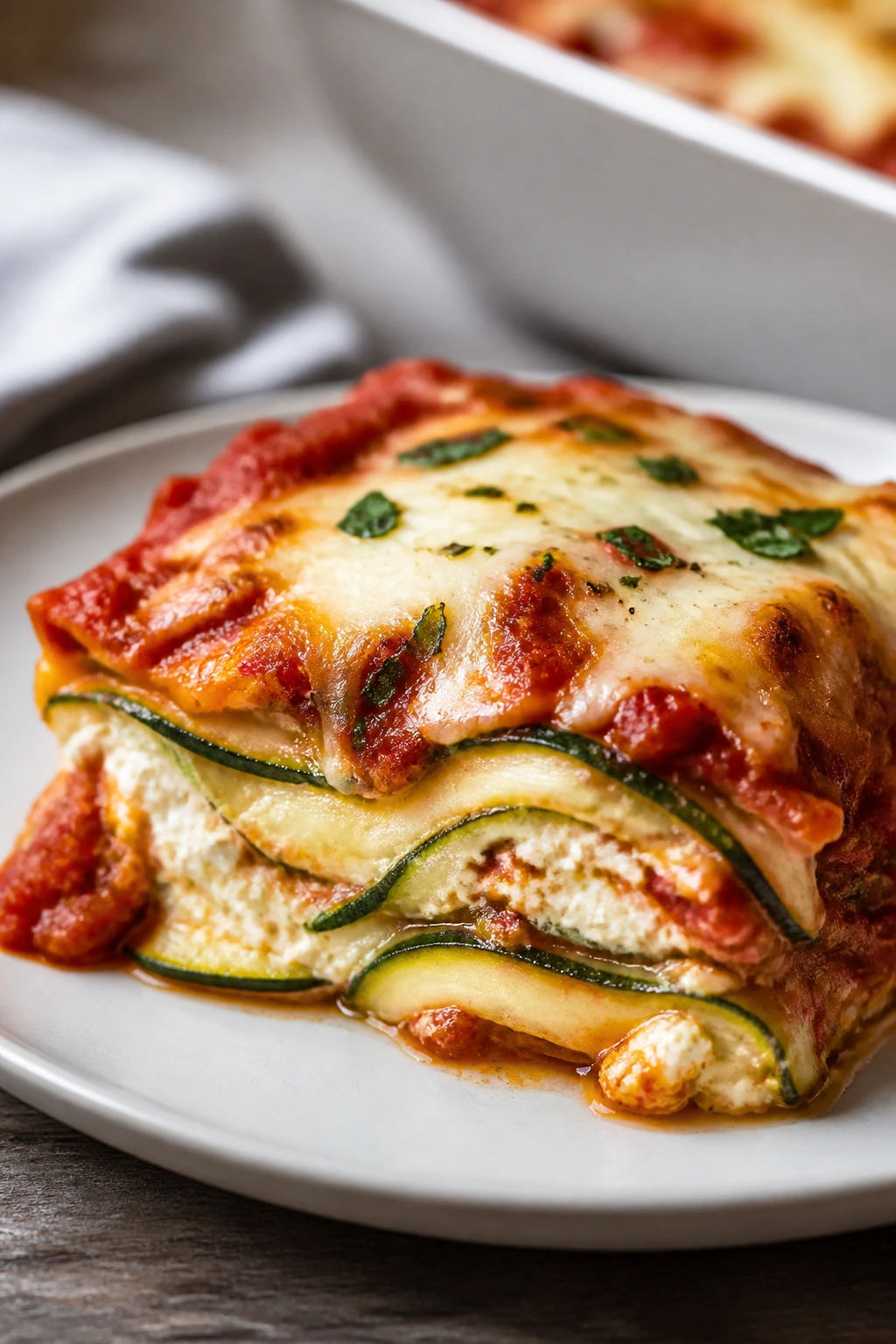 Slice of zucchini lasagna with ricotta and marinara layers