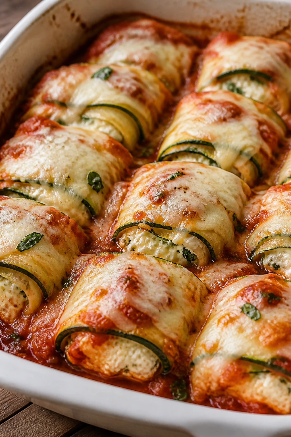 Close-up of zucchini lasagna rolls with ricotta filling and melted mozzarella in marinara sauce
