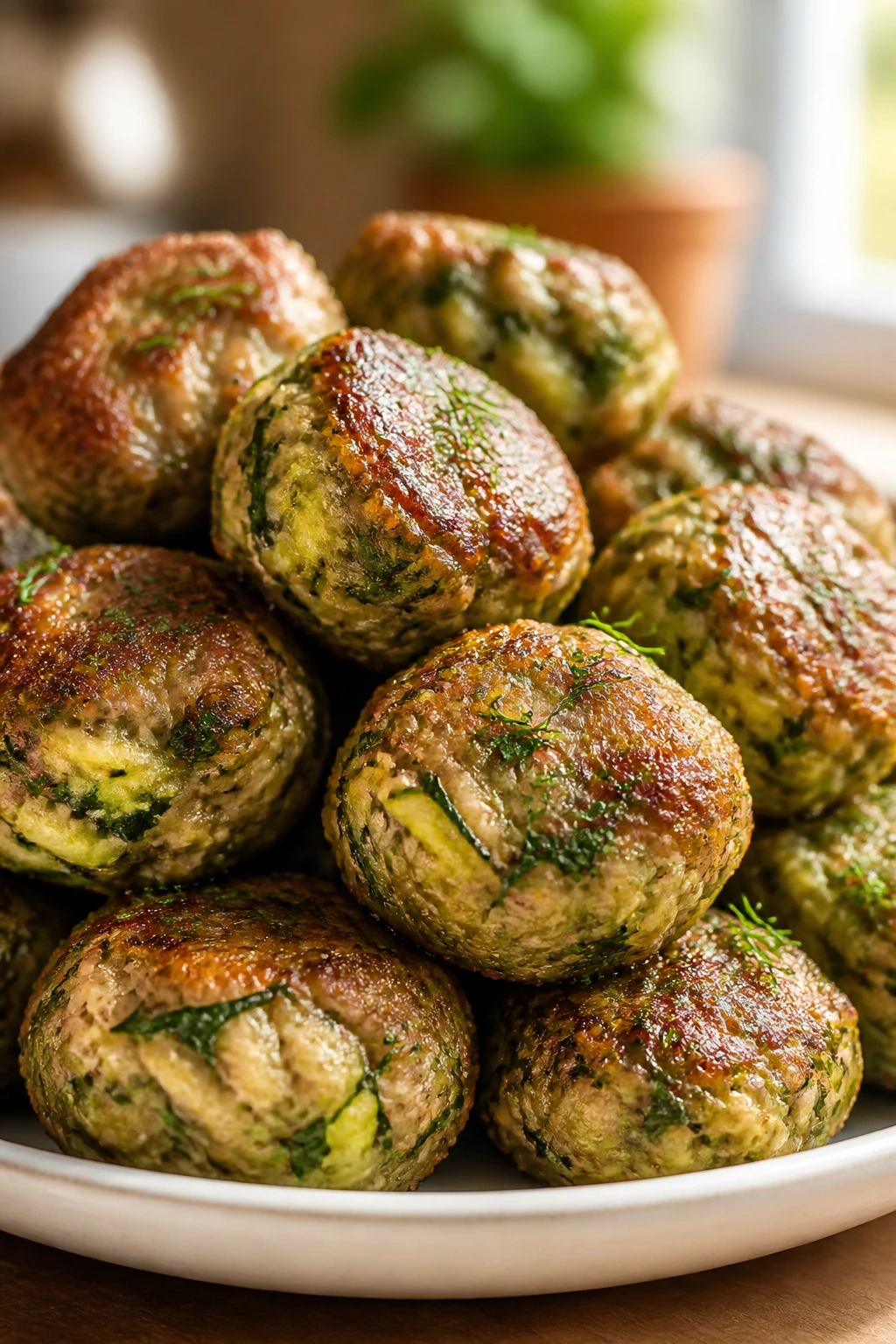 Zucchini and herb meatballs with herbs on plate