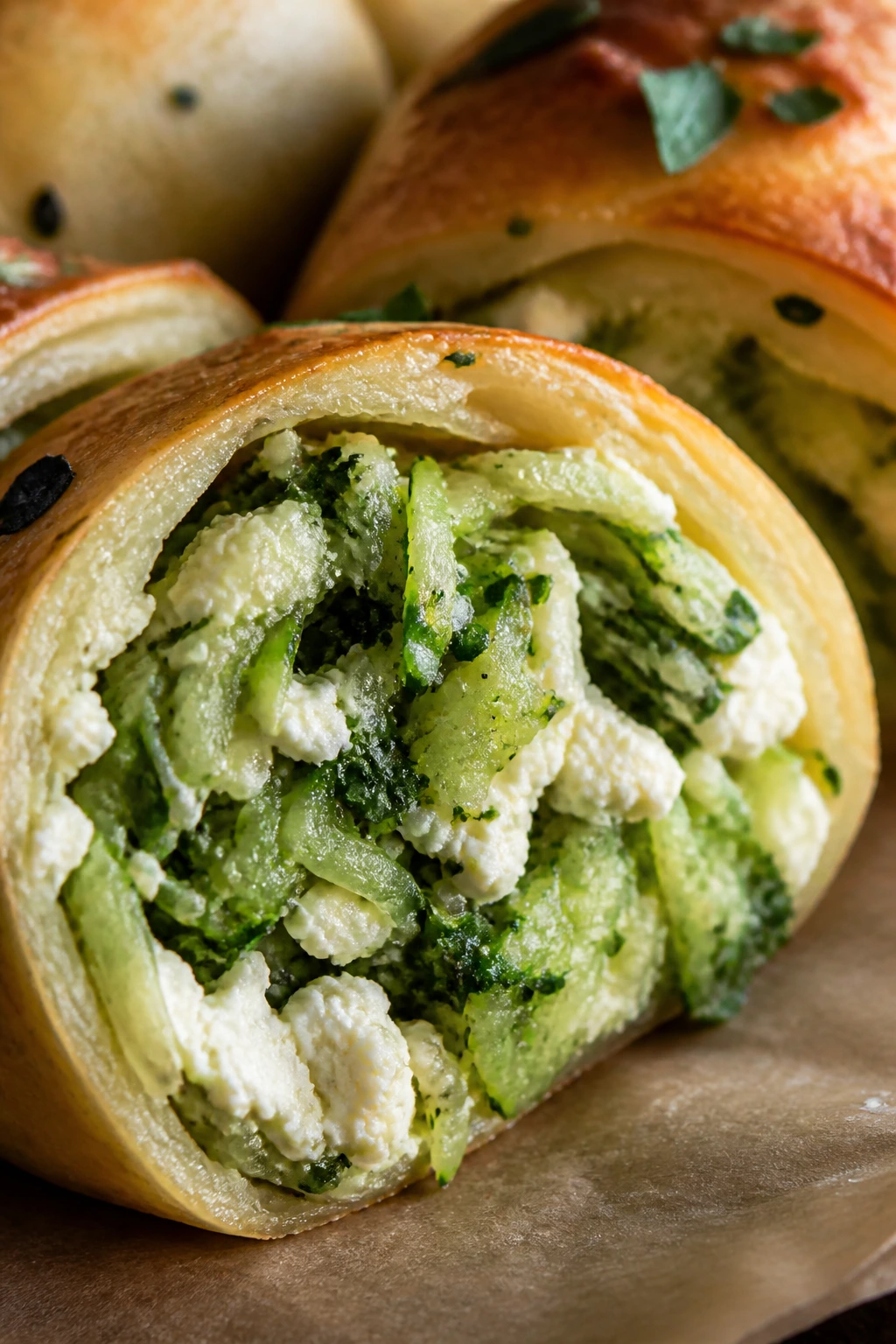 Zucchini mint goat cheese rolls cross-section