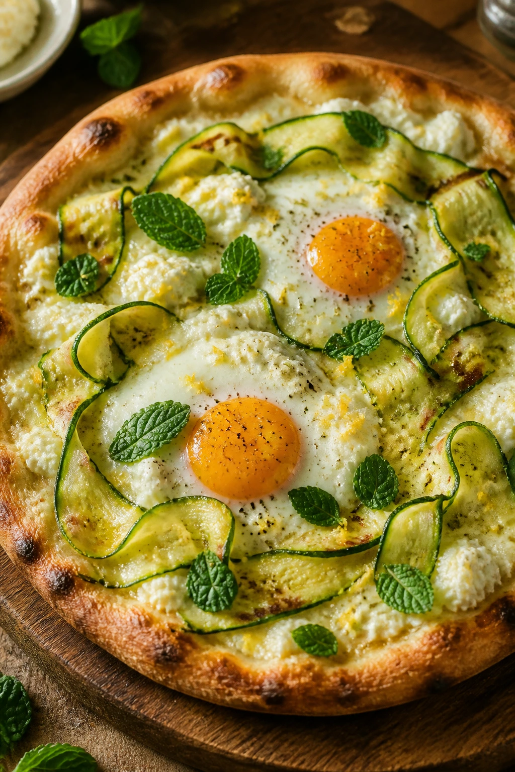 Close-up of zucchini mint ricotta breakfast pizza on wooden board