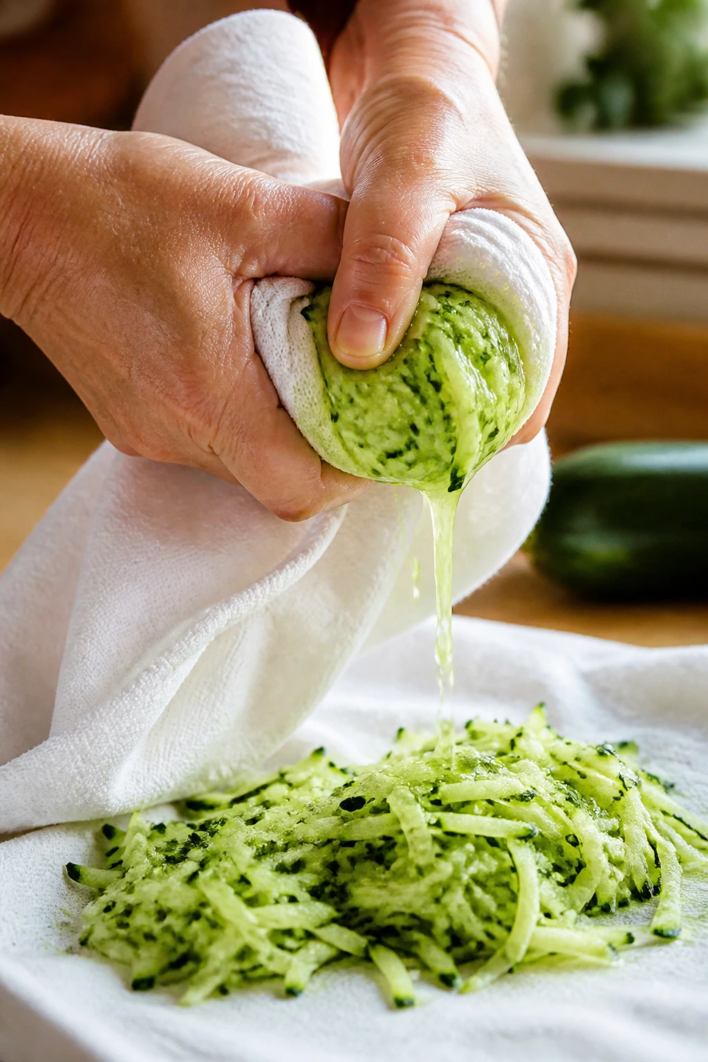 Finely grated zucchini being squeezed dry on a kitchen towel