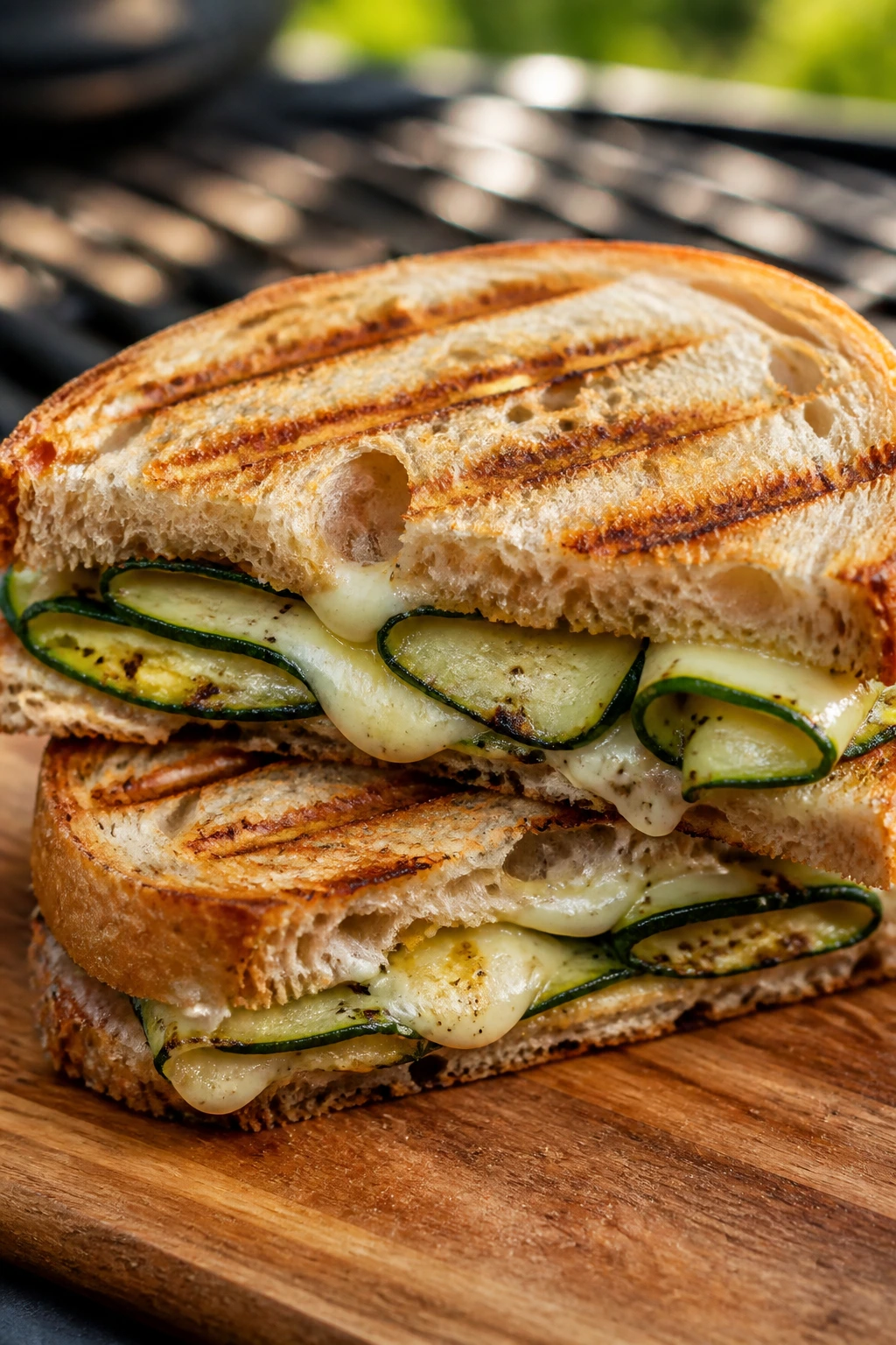 Close-up of grilled zucchini mozzarella panini with grill marks outdoors.