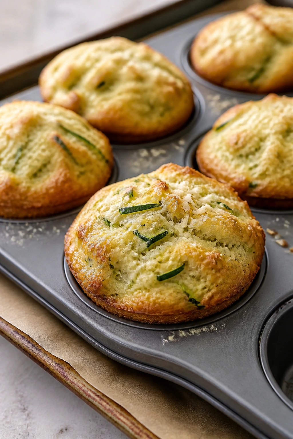 Savory zucchini parmesan muffins on a muffin tin in a bright kitchen