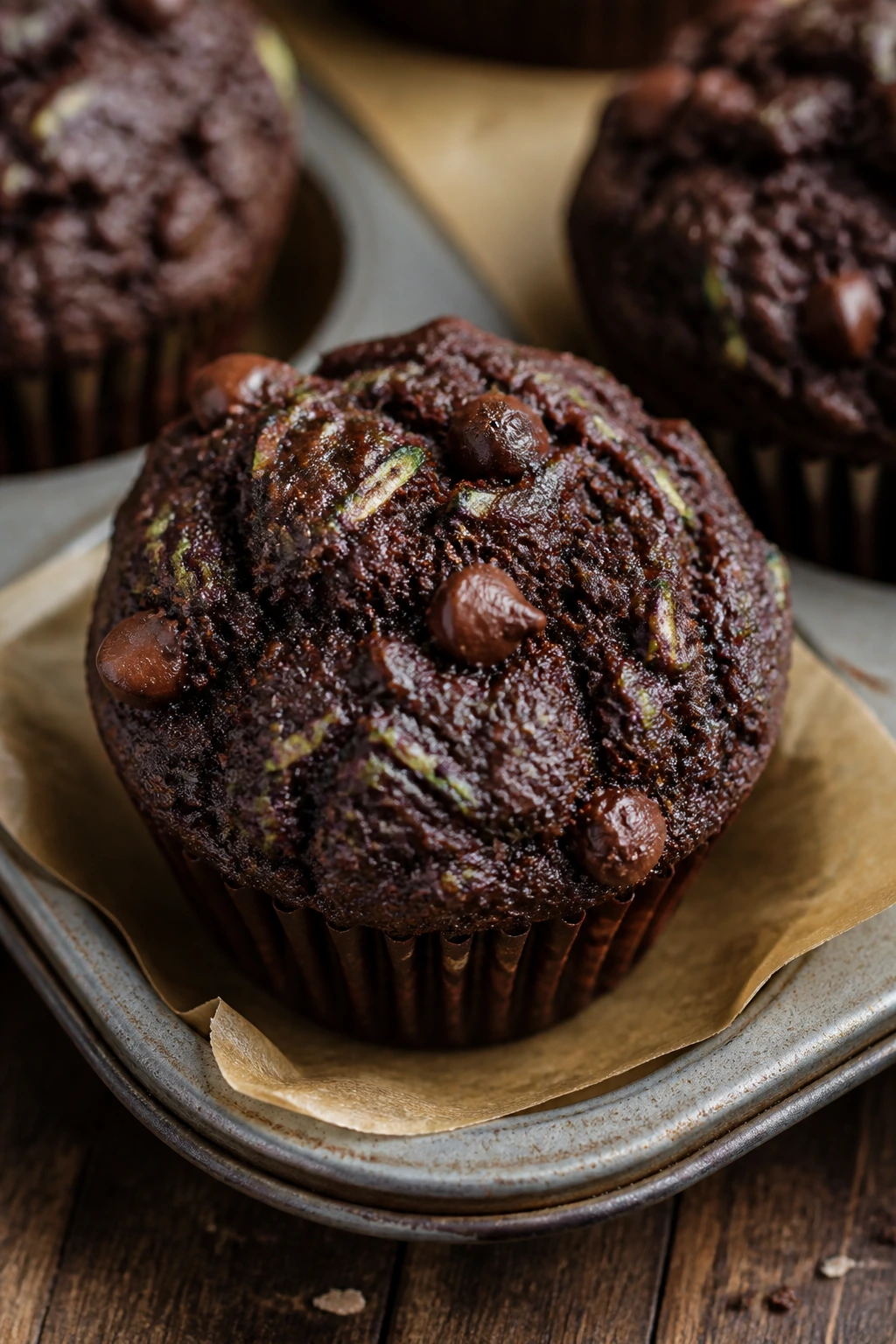 Close-up of a chocolate zucchini muffin showing green zucchini shreds