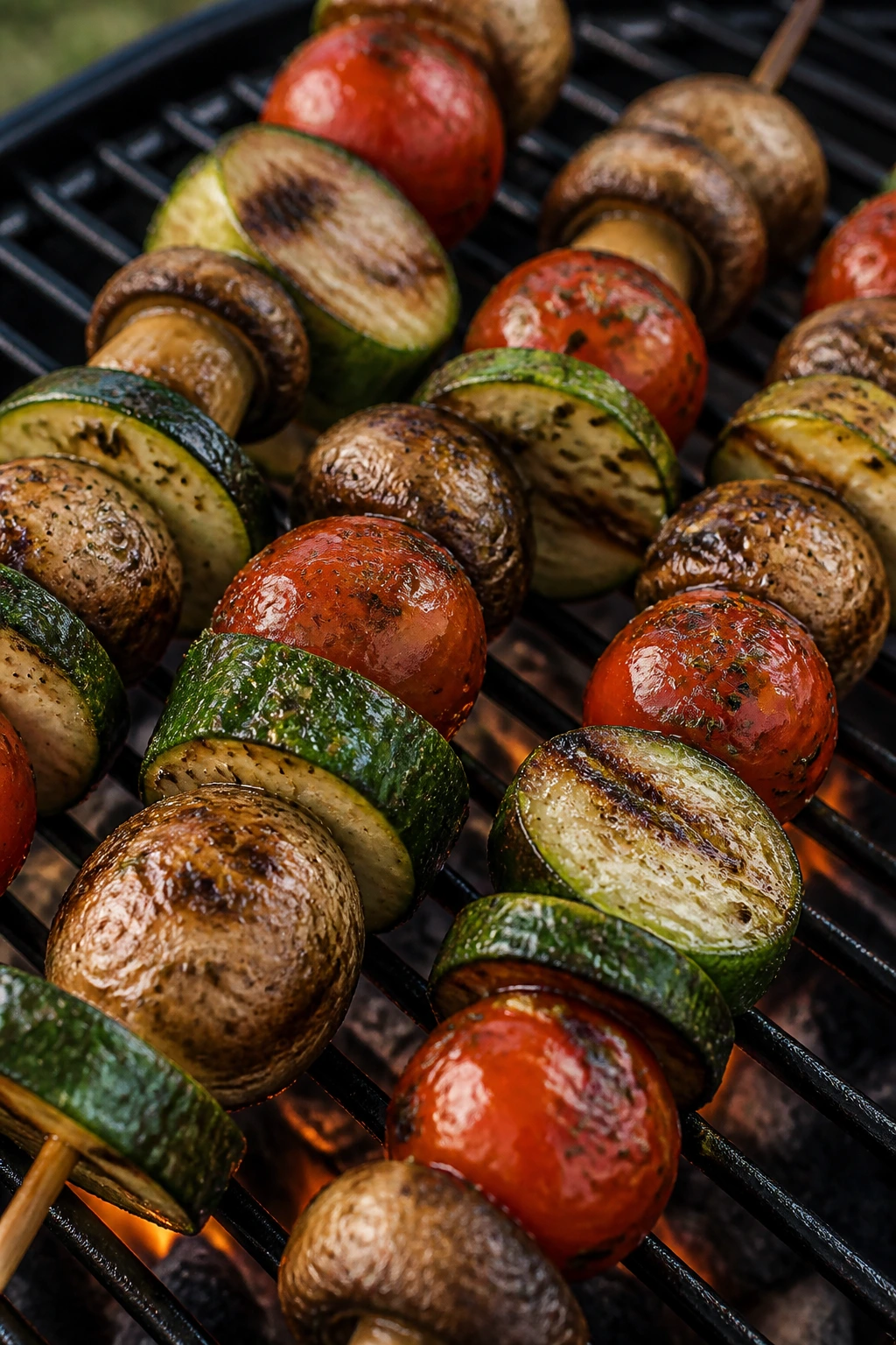 Close-up of zucchini tomato mushroom skewers on grill