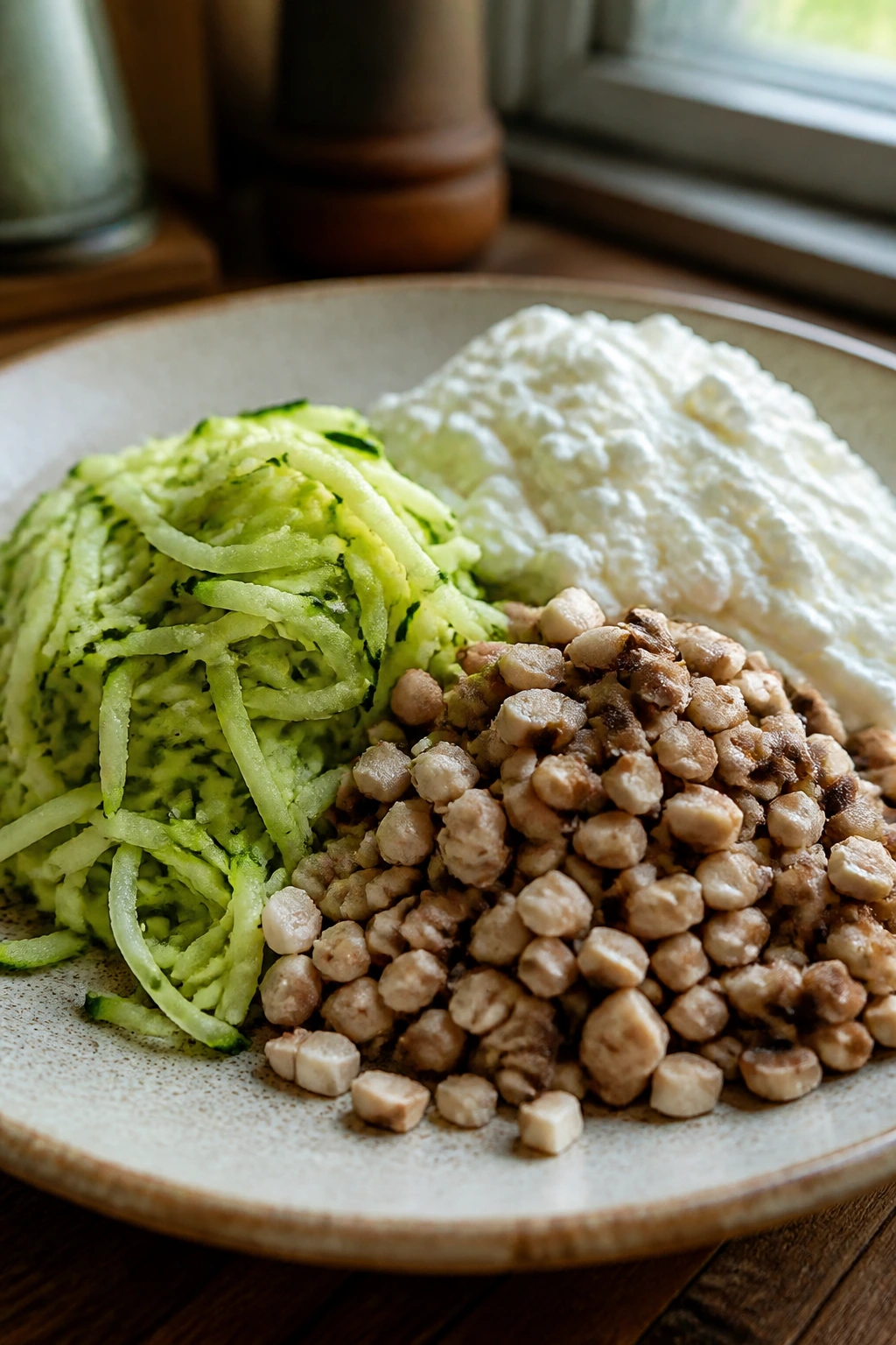 Zucchini, mushrooms, and cottage cheese arranged on a plate