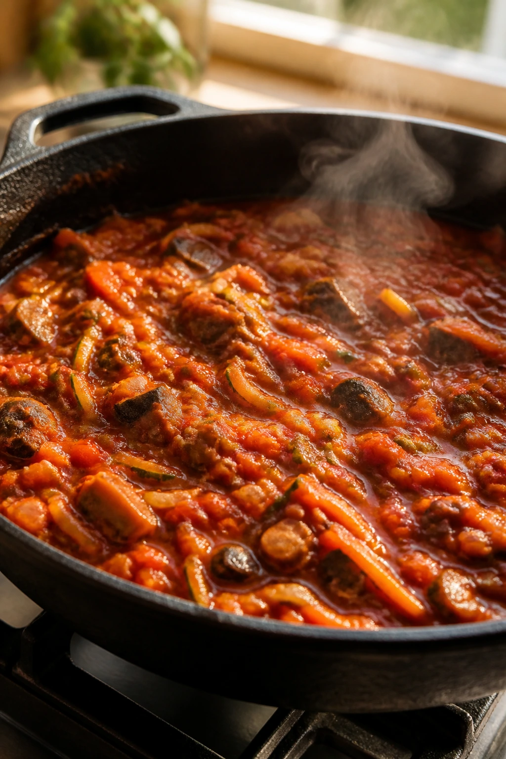 Close-up of tomato sauce with hidden zucchini and mushrooms in a skillet