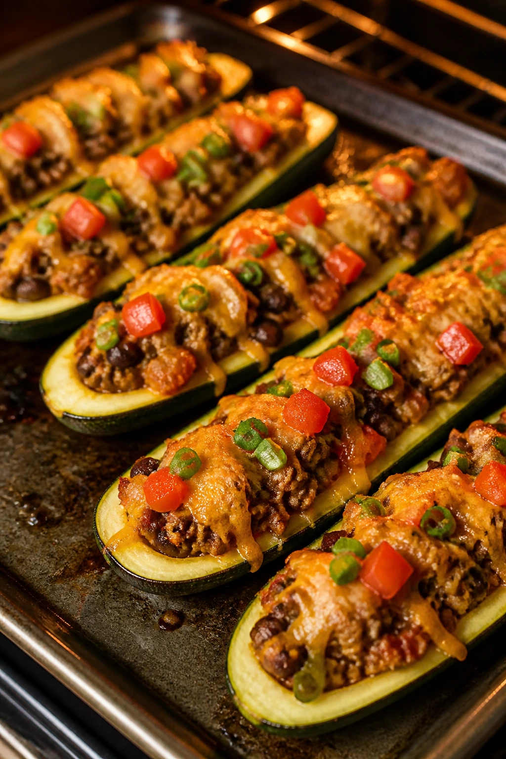 Zucchini boats topped with beef and cheese