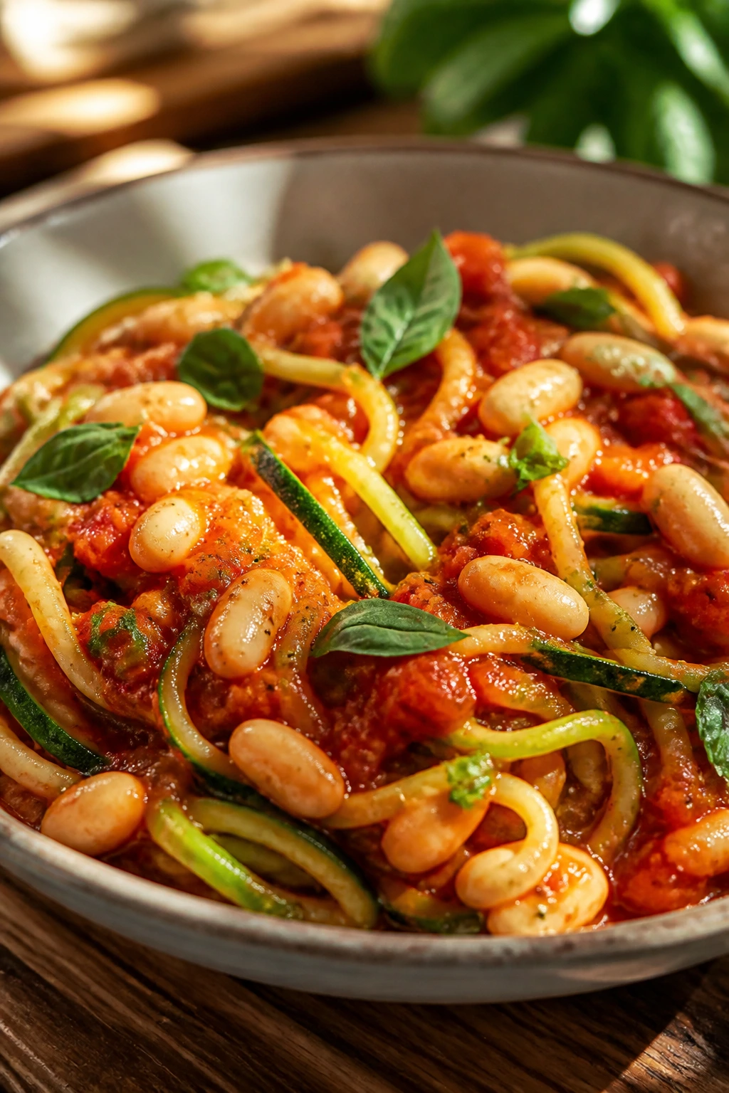Close-up of zucchini noodles with marinara and white beans in a bowl