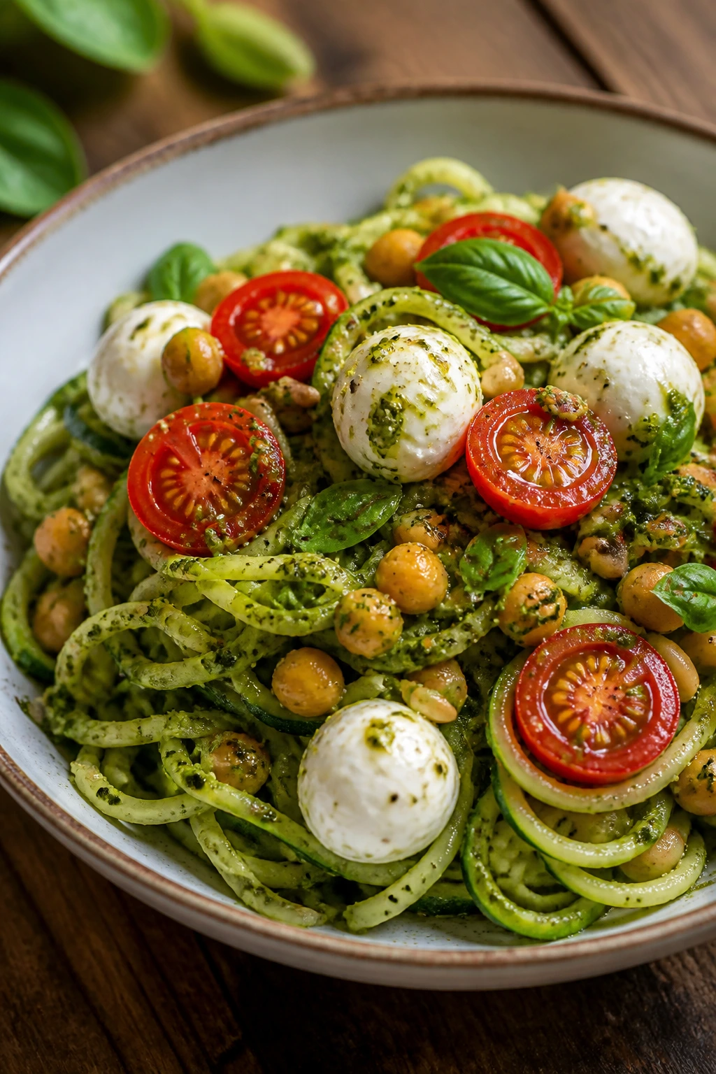 Zucchini noodle pesto bowl with mozzarella and tomatoes