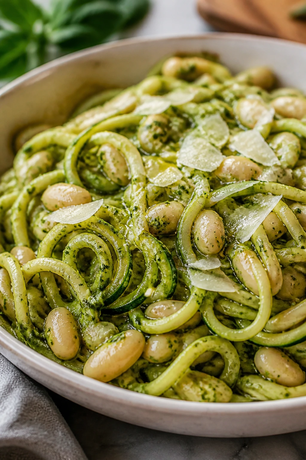 Zucchini noodles with pesto and white beans in a bowl