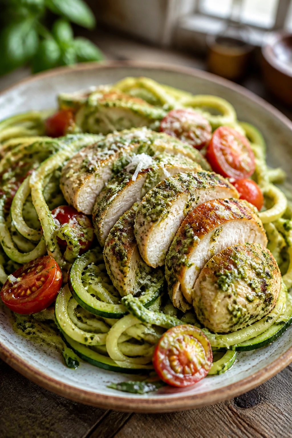 Close-up of zucchini noodle pesto chicken on a rustic plate with tomatoes