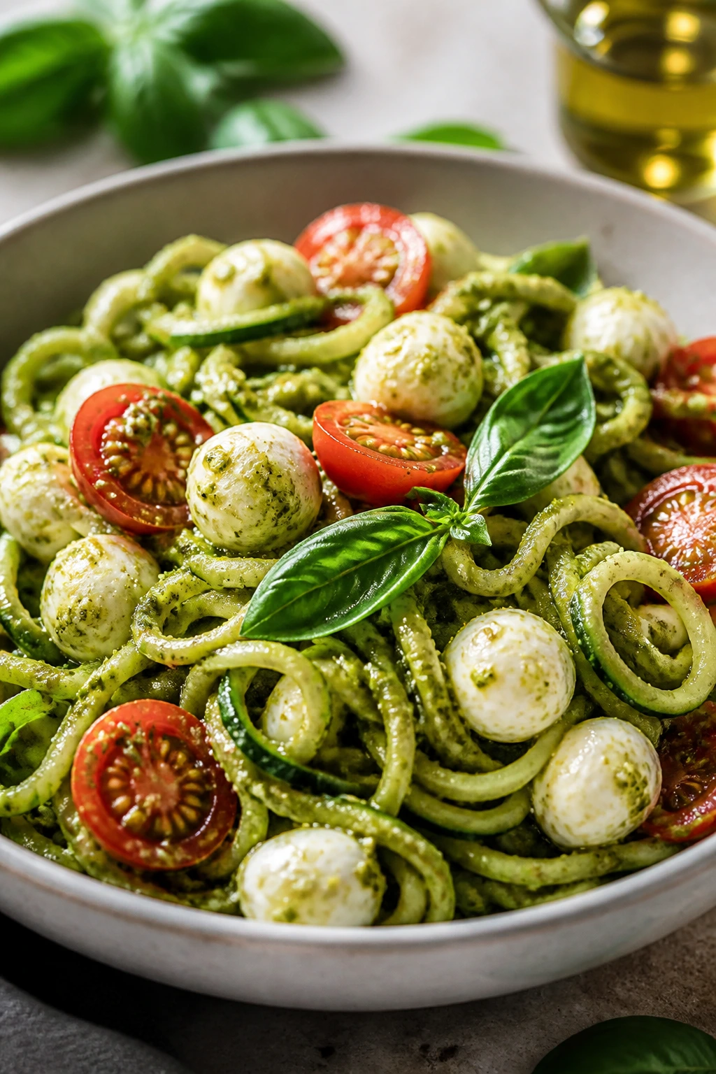 Close-up of zucchini noodle pesto bowl with mozzarella pearls and tomatoes