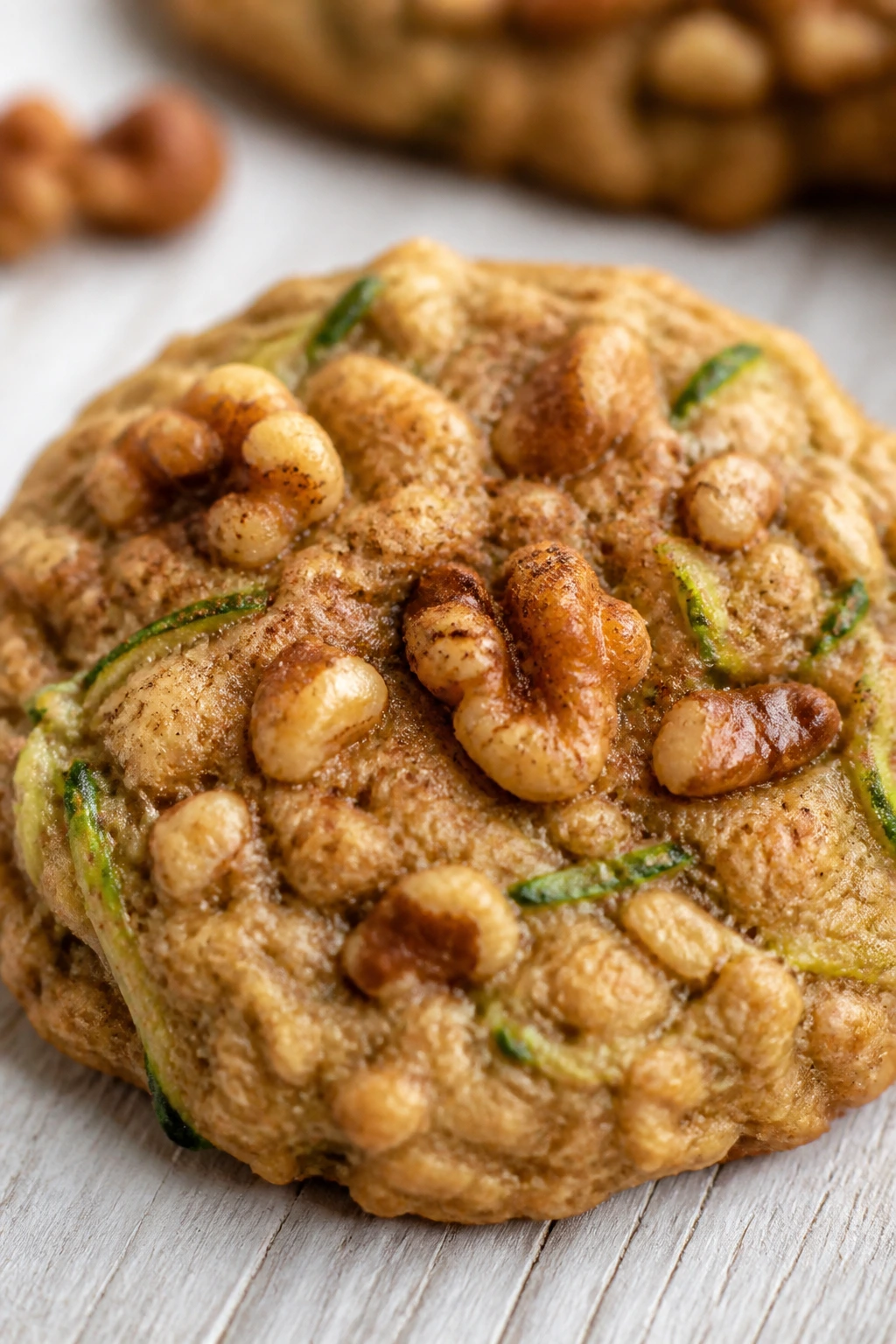 Close-up of a cinnamon-walnut zucchini oatmeal cookie on a wood surface