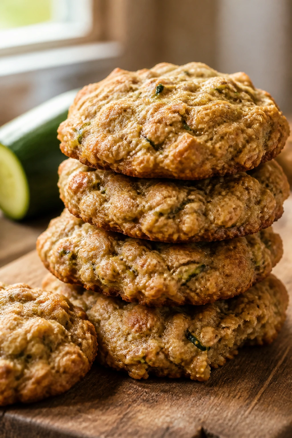 Close-up of zucchini oatmeal cookies stacked on a rustic wooden board in warm kitchen light
