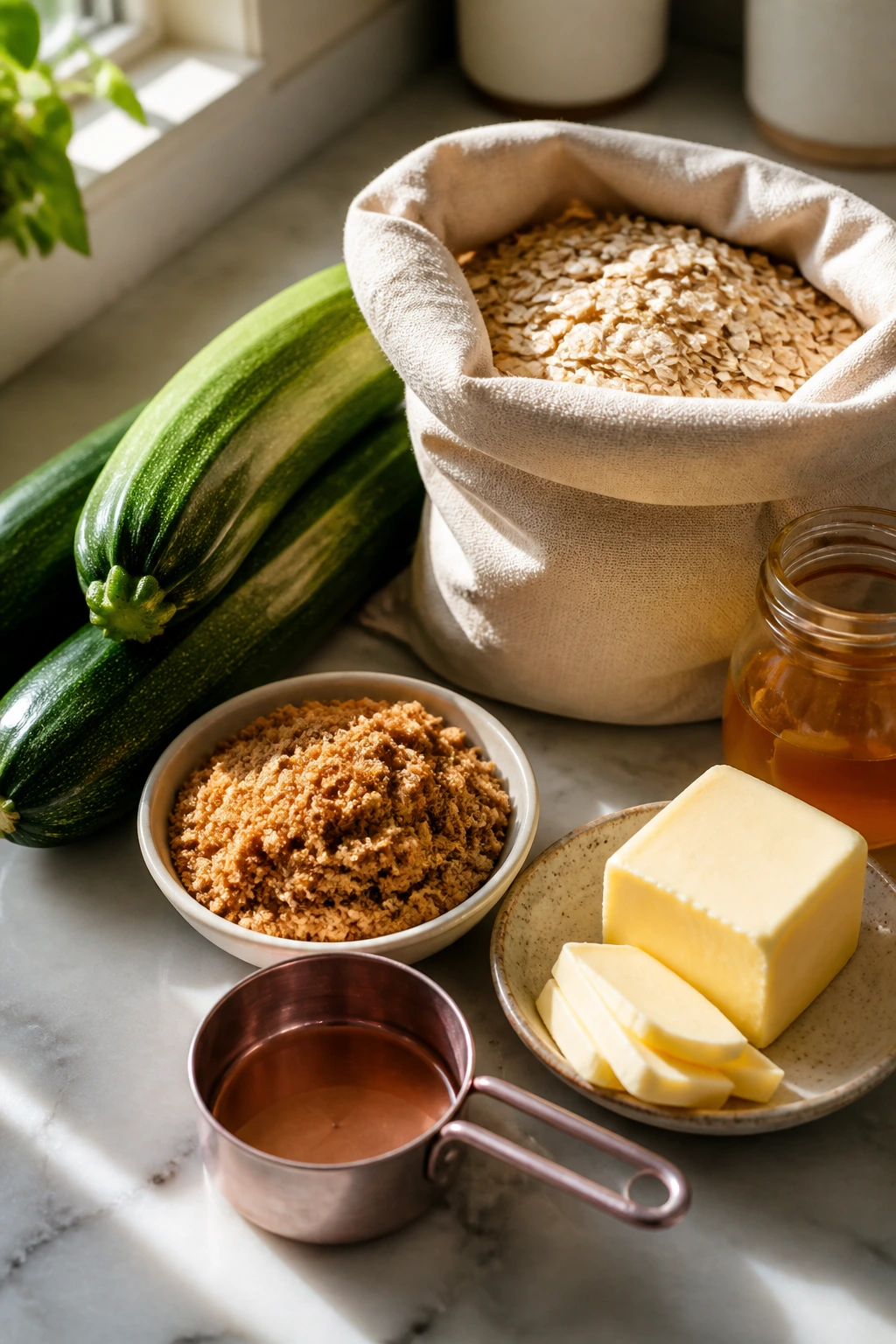Zucchini, oats, butter, honey, and sugar arranged for cookie prep