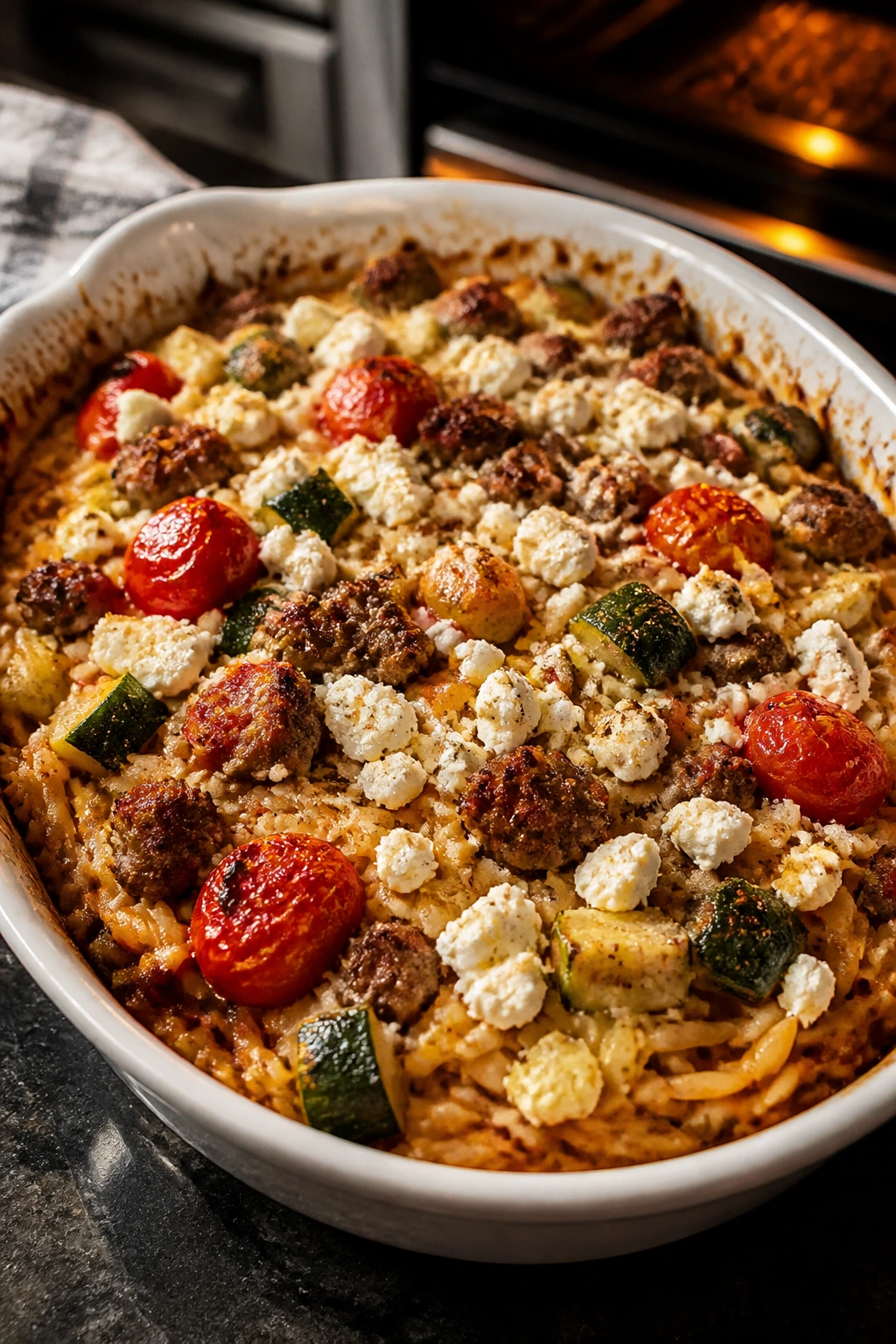 Baked zucchini orzo with sausage and feta in a dish