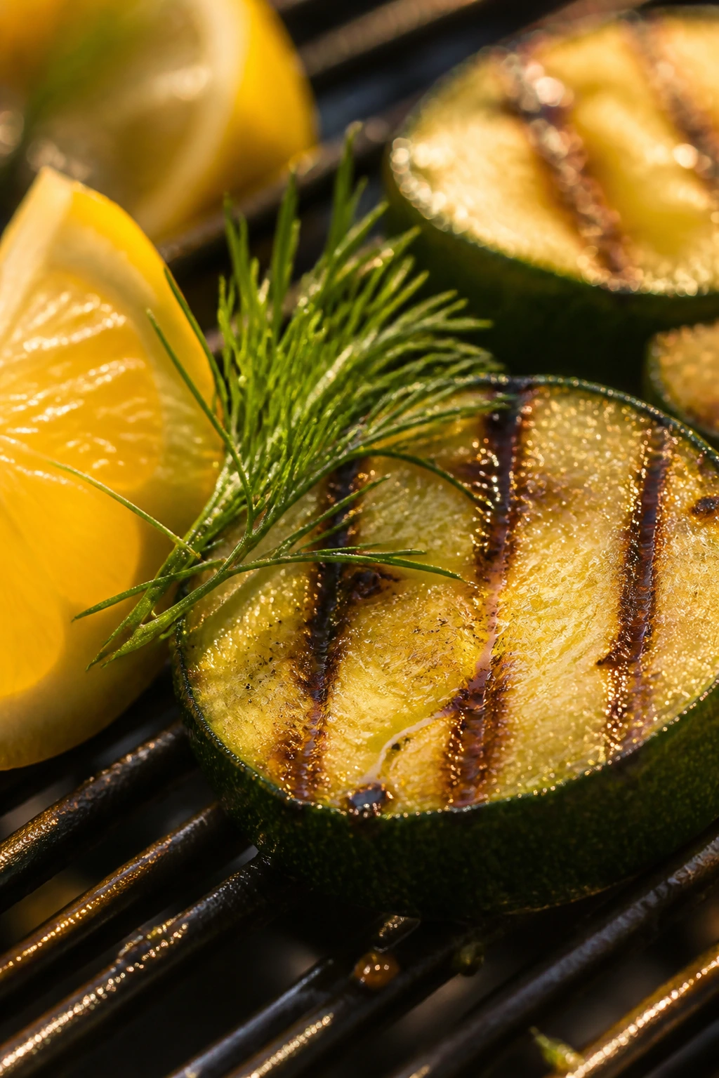 Close-up of a glossy grilled zucchini slice with lemon and dill on a rustic board