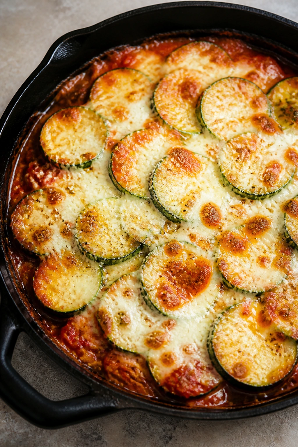 Zucchini parmesan skillet bake bubbling with cheese on top