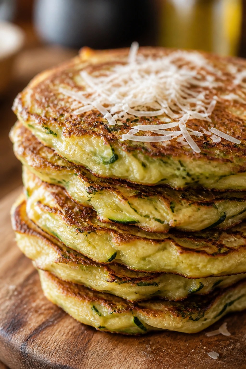 Close-up of Zucchini Pecorino Pancakes with cheese topping