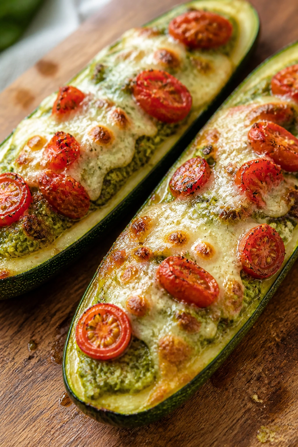 Zucchini boats with pesto and cheese on rustic board