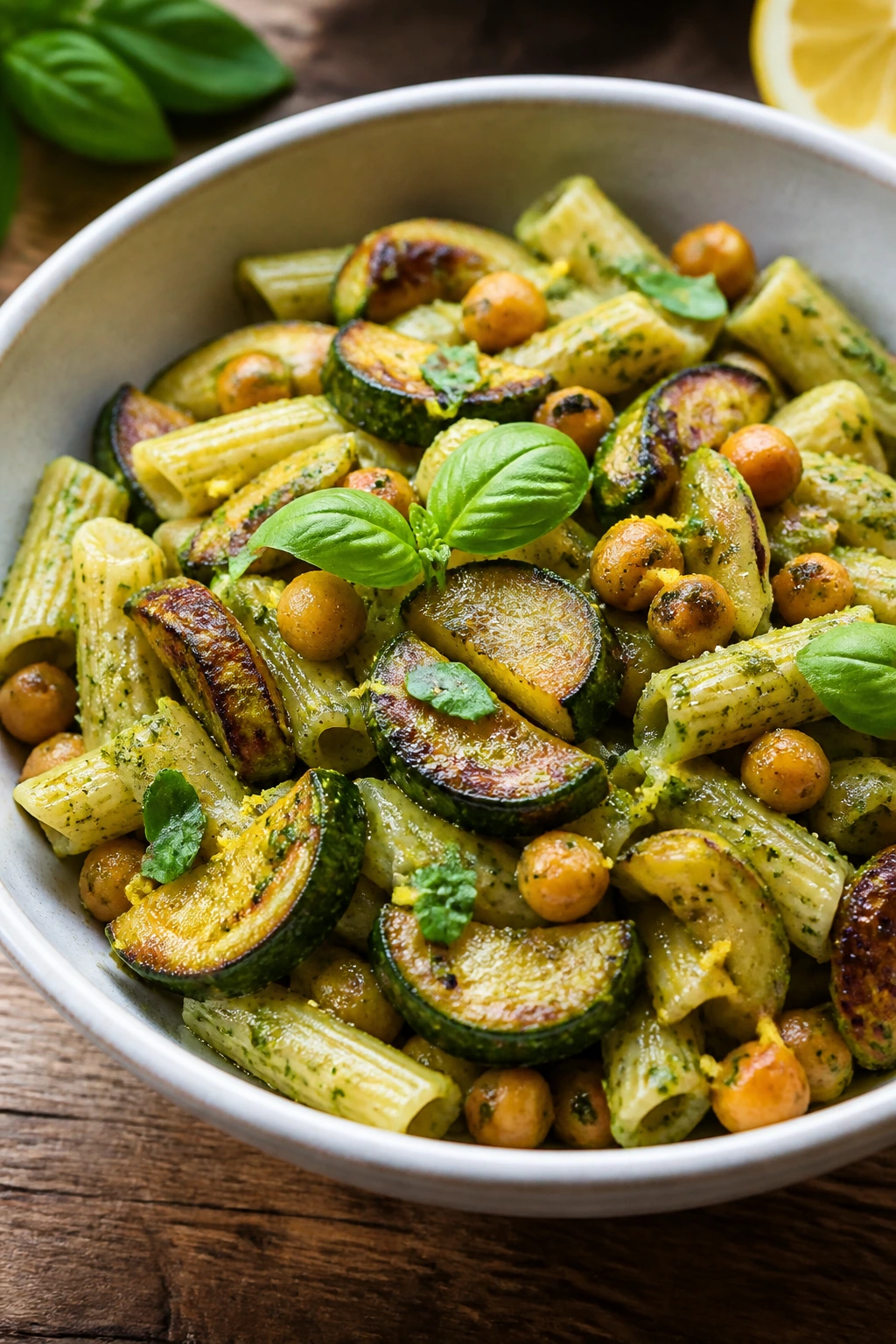 Close up of Zucchini Pesto Chickpea Pasta Bowl with pasta, zucchini, chickpeas and pesto on a rustic table