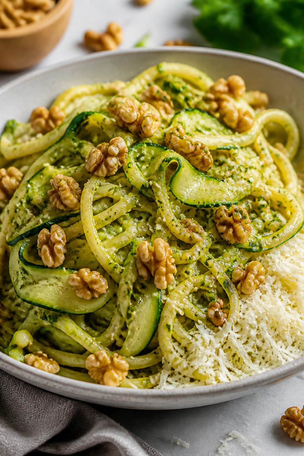 Pasta with zucchini ribbons in green pesto and walnuts