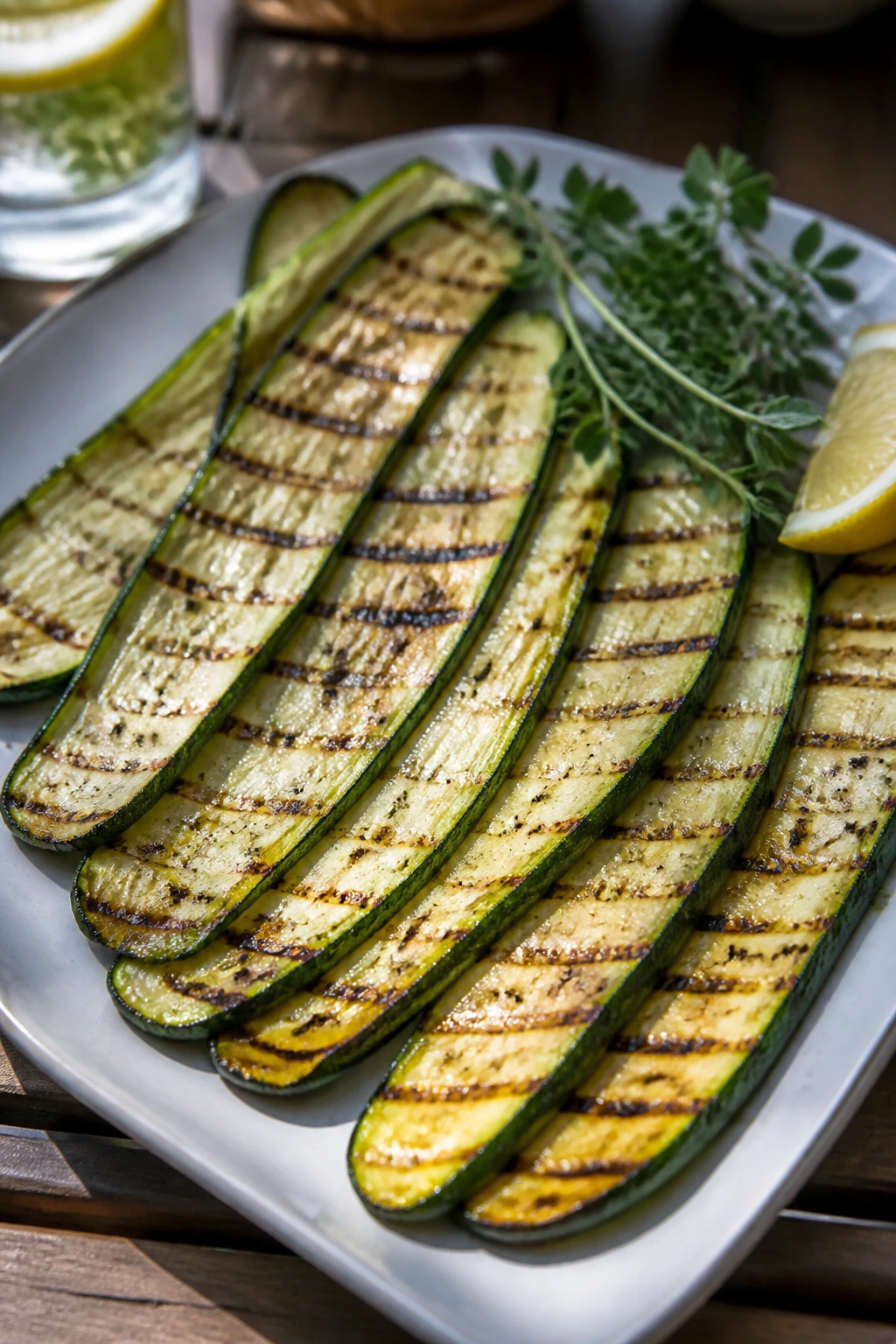 Zucchini planks arranged in a neat shingled row on a platter for a cookout