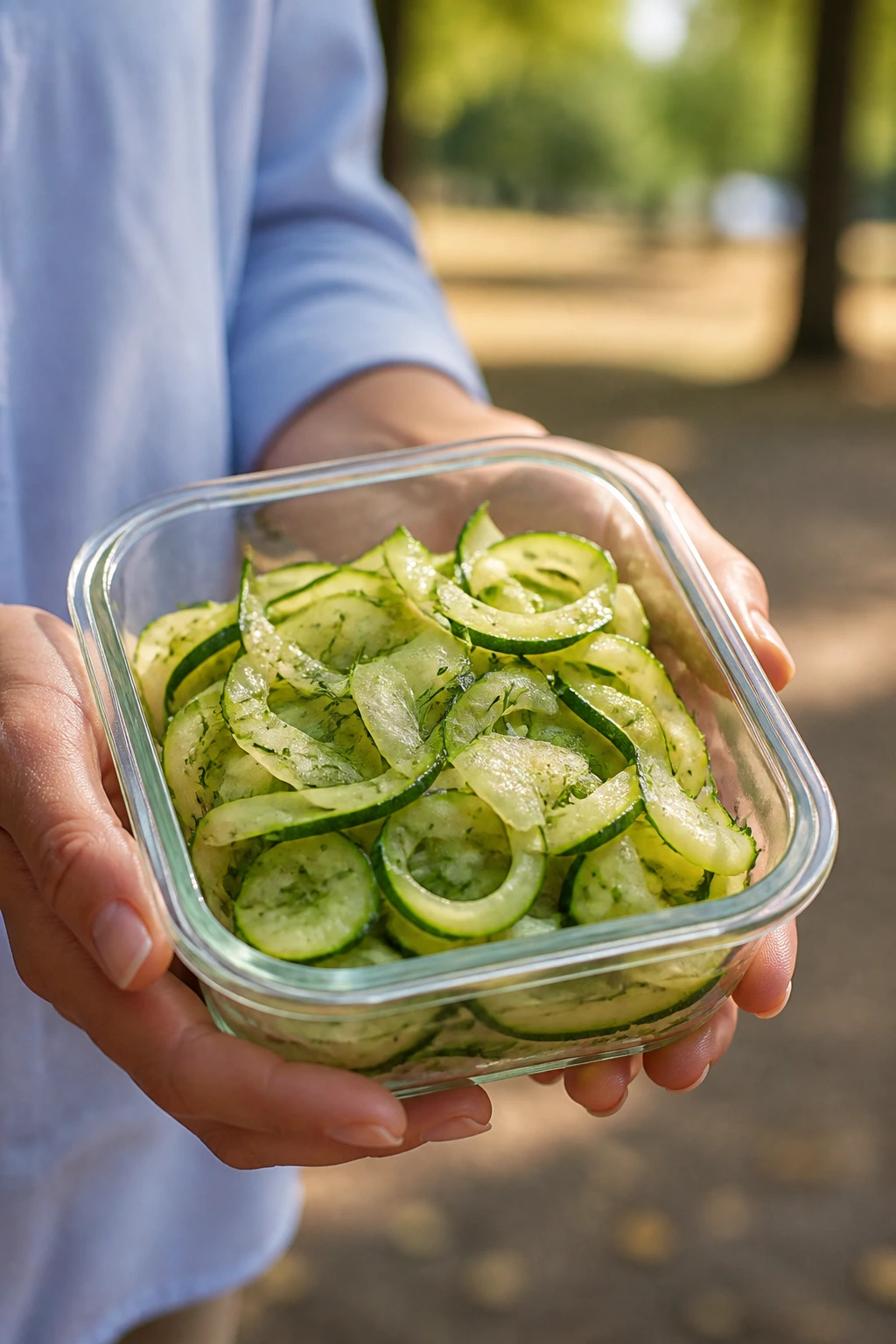 Hands hold a portable zucchini salad container outdoors, ready to eat