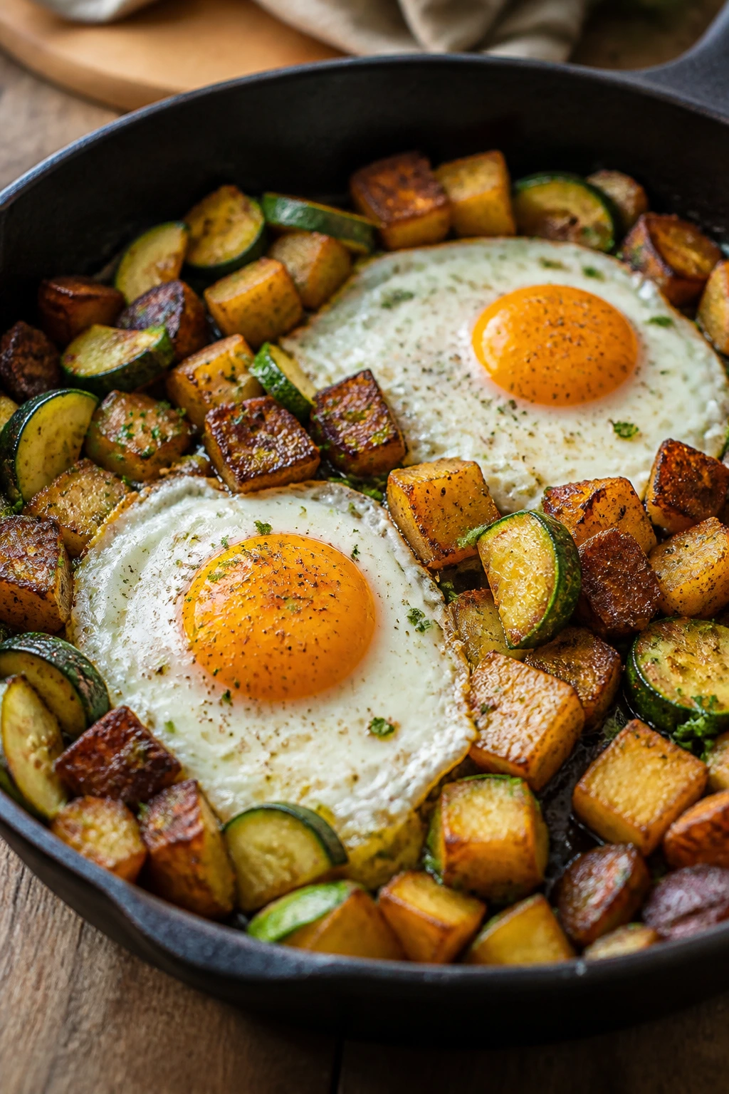 Skillet hash with zucchini potatoes and fried eggs